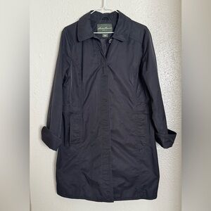 Eddie Bauer W Sz L Rain/Trench Coat Button Black Above knee Coat Career Casual